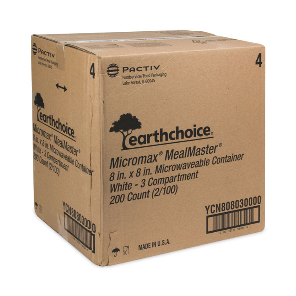 PACTIV EVERGREEN CORPORATION YCN808030000 EarthChoice SmartLock Microwavable MFPP Hinged Lid Container, 3 Compartments, 8.31 x 8.35 x 3.1, White, Plastic, 200/Carton