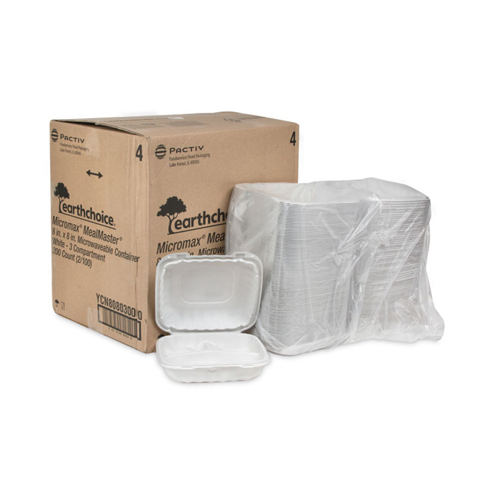 PACTIV EVERGREEN CORPORATION YCN808030000 EarthChoice SmartLock Microwavable MFPP Hinged Lid Container, 3 Compartments, 8.31 x 8.35 x 3.1, White, Plastic, 200/Carton
