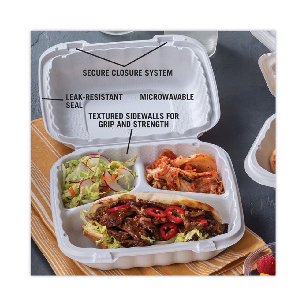 PACTIV EVERGREEN CORPORATION YCN808030000 EarthChoice SmartLock Microwavable MFPP Hinged Lid Container, 3 Compartments, 8.31 x 8.35 x 3.1, White, Plastic, 200/Carton