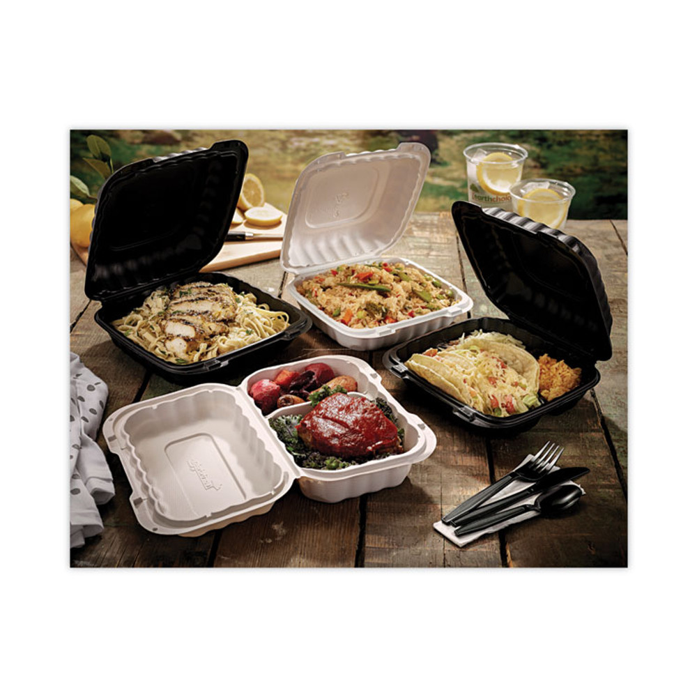PACTIV EVERGREEN CORPORATION YCN808030000 EarthChoice SmartLock Microwavable MFPP Hinged Lid Container, 3 Compartments, 8.31 x 8.35 x 3.1, White, Plastic, 200/Carton