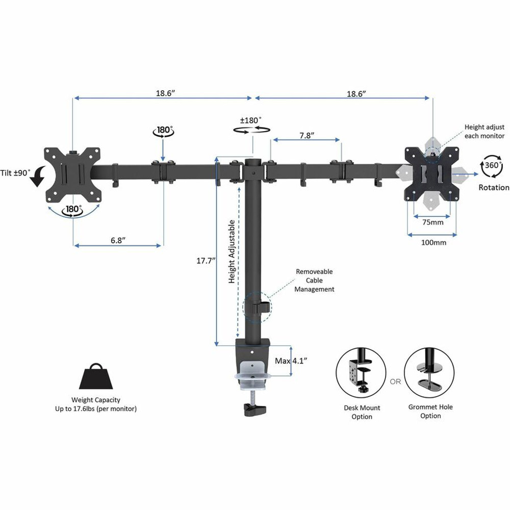 Rocelco, Inc Rocelco REDR2BDM2 Rocelco Electric Desk Riser & Dual Monitor Mount