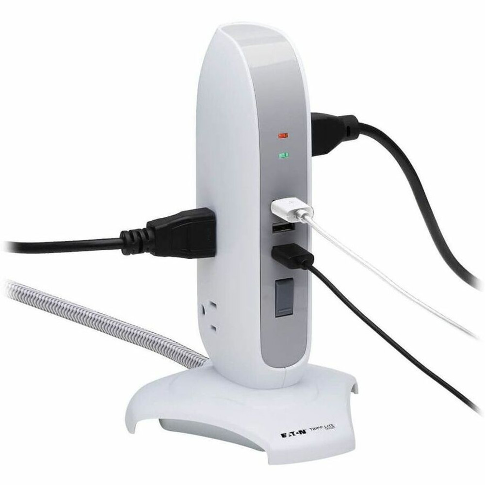 Tripp Lite by Eaton TLP66USB Tripp Lite by Eaton 5-Outlet Surge Protector Tower, 3x USB Ports (3.1A Shared), 6 ft. Cord, 5-15P Plug, 1200 Joules, White