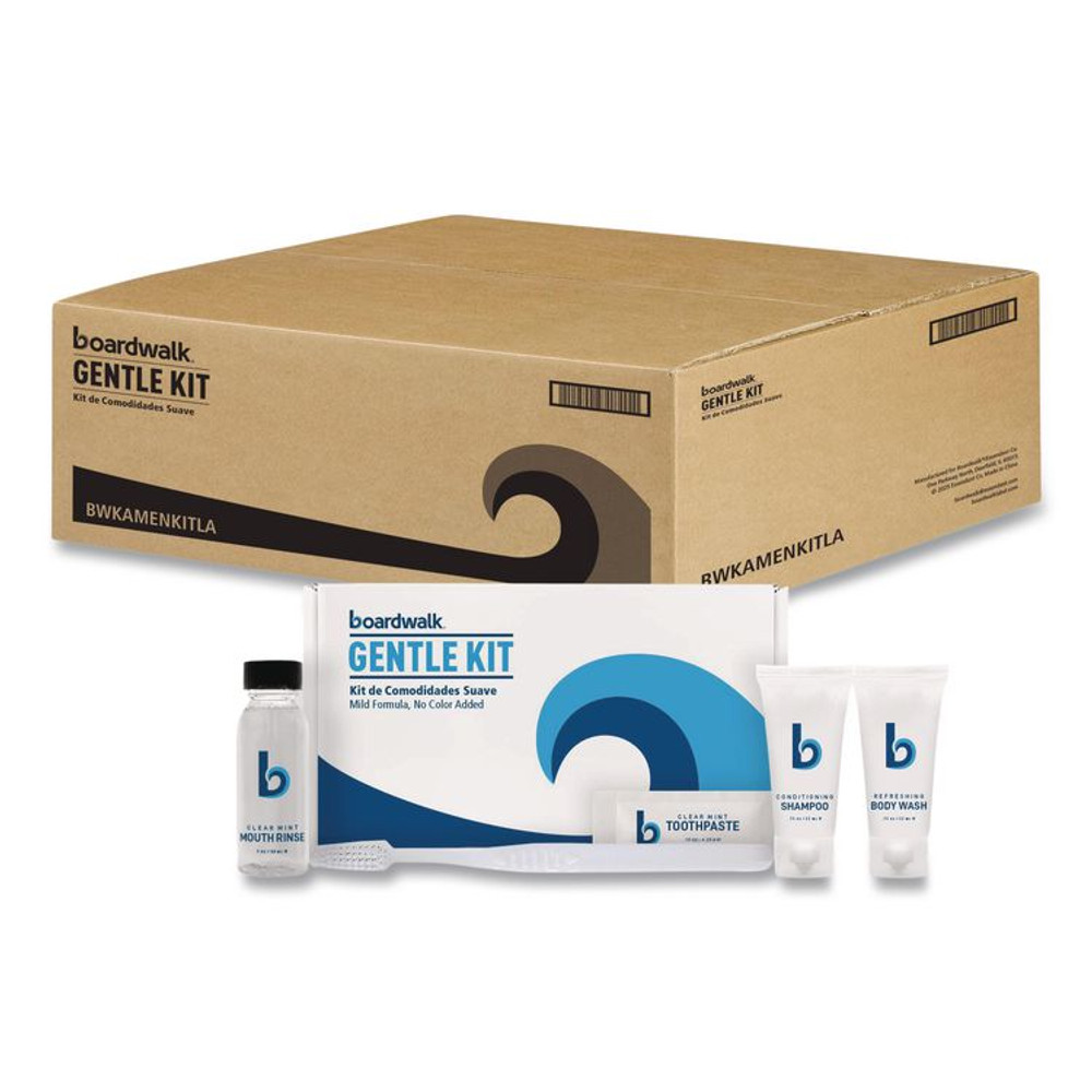 BOARDWALK AMENKITLA Amenities Kit, Mouth Rinse, Toothbrush, Toothpaste, Body Wash, Shampoo, Low Allergen, 12 Kits/Carton