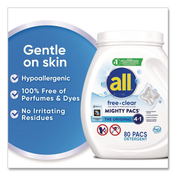 VEND-RITE MANUFACTURING CO all® 47508 MIGHTY PACS Free Clear HE Laundry Detergent, 80 Pods/Tub, 4 Tubs/Carton