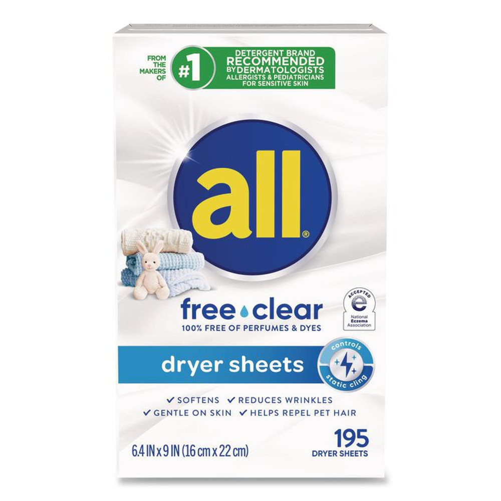 VEND-RITE MANUFACTURING CO all® 47362 Free Clear Dryer Sheets, Fragrance Free, 195 Sheets/Packs, 6 Packs/Carton