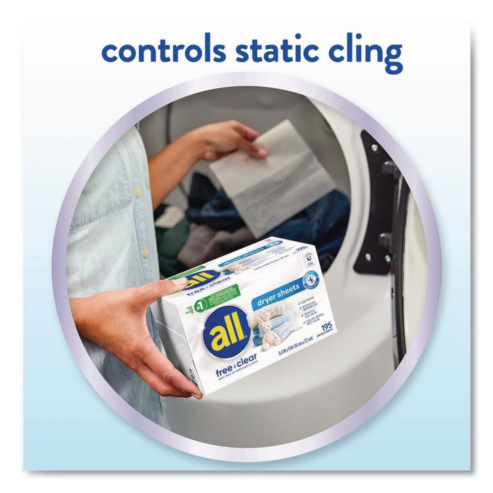 VEND-RITE MANUFACTURING CO all® 47362 Free Clear Dryer Sheets, Fragrance Free, 195 Sheets/Packs, 6 Packs/Carton