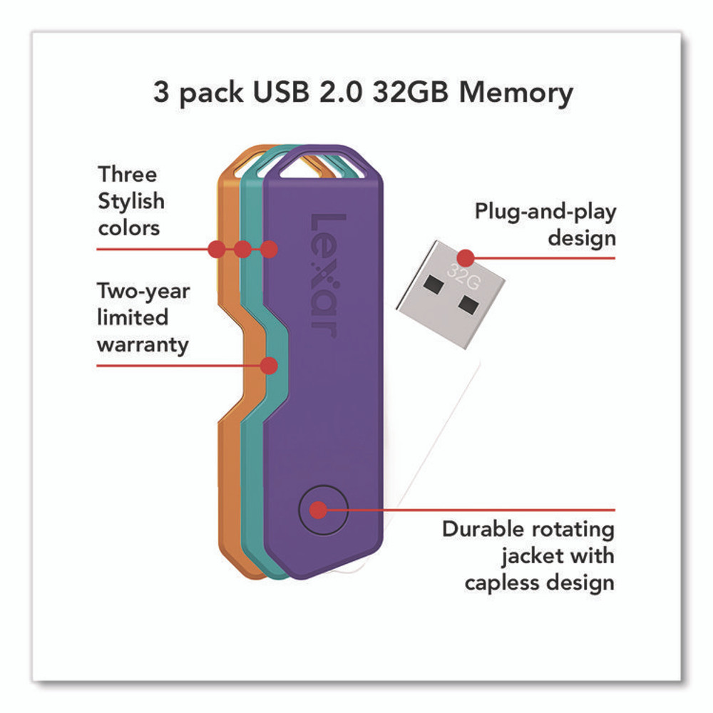LEXAR MEDIA INC. 24388082 Twist Turn2 USB 2.0 Flash Drive, 32 GB, Orange/Purple/Teal, 3/Pack