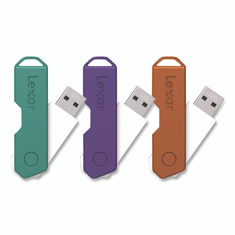 LEXAR MEDIA INC. 24388082 Twist Turn2 USB 2.0 Flash Drive, 32 GB, Orange/Purple/Teal, 3/Pack