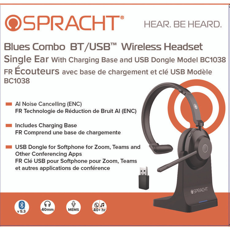 SPRACHT BC1039 Blues Combo Monaural Headset, Over The Head, Black