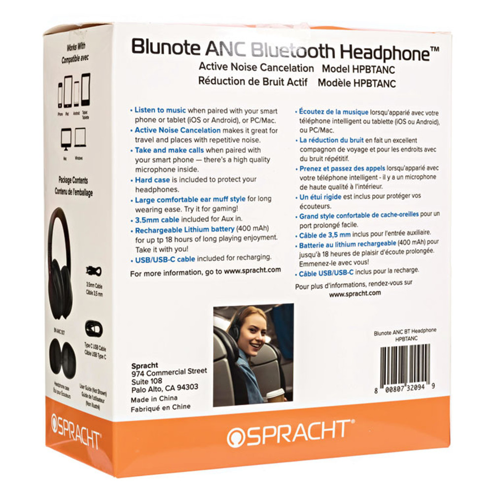 SPRACHT HPBTANC Blunote ANC Bluetooth Headphone, Black