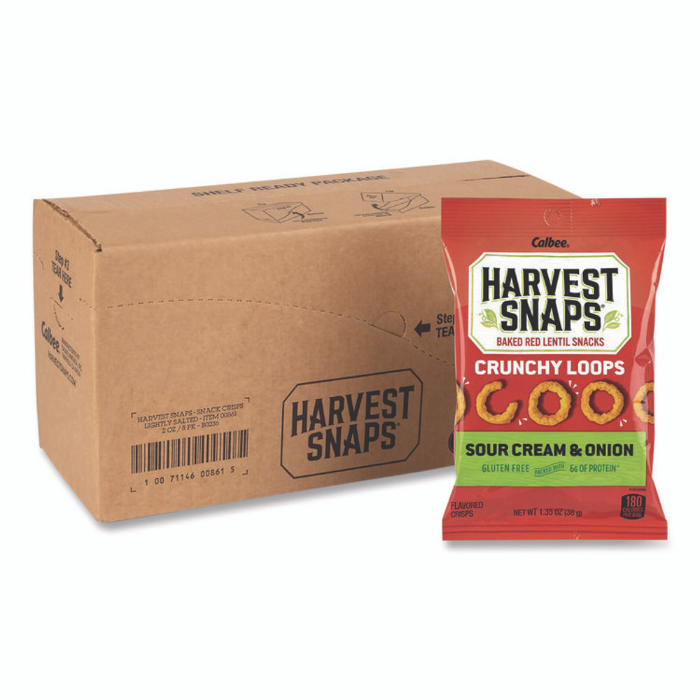 CALBEE AMERICA INC Harvest Snaps® 22002516 Crunchy Loops, Sour Cream and Onion, 1.35 oz Bag, 8/Box