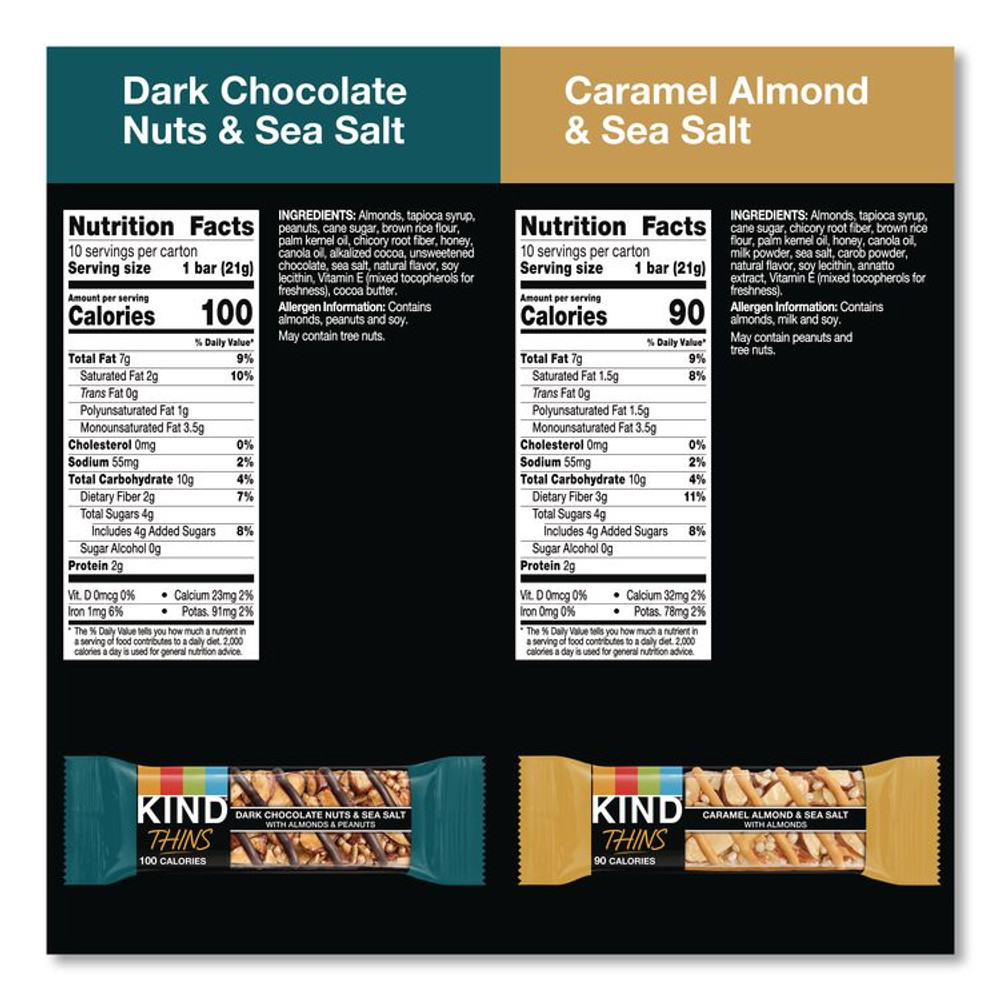 KIND LLC 41888 Thins Dark Chocolate Nuts and Sea Salt/Caramel Almond and Sea Salt Variety Pack, 0.74 oz Bar, 20/Box