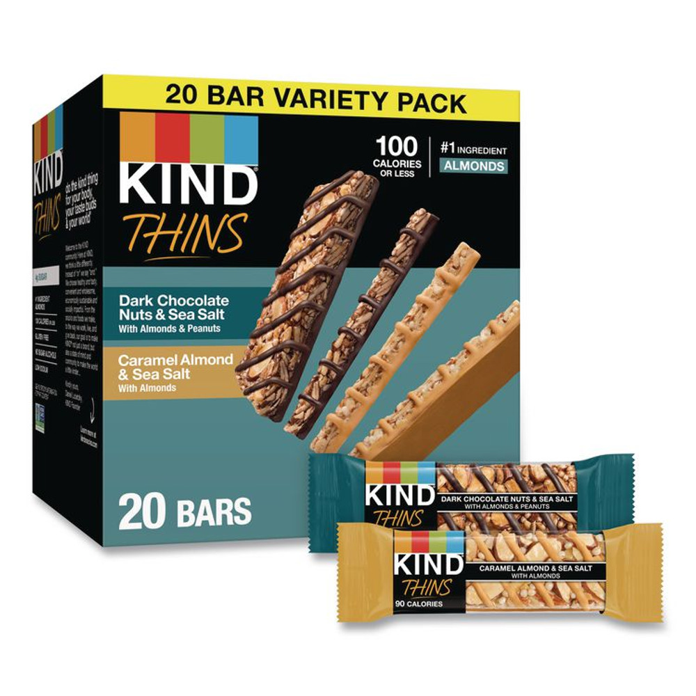 KIND LLC 41888 Thins Dark Chocolate Nuts and Sea Salt/Caramel Almond and Sea Salt Variety Pack, 0.74 oz Bar, 20/Box