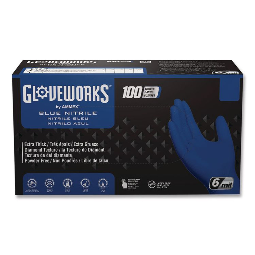 AMMEX CORPORATION GloveWorks® by GWRBN49100 Heavy-Duty Industrial Nitrile Gloves, Powder-Free, XX-Large, 6 mil Thick, 9.5" Long, Royal Blue, 100/Box, 10 Boxes/Carton