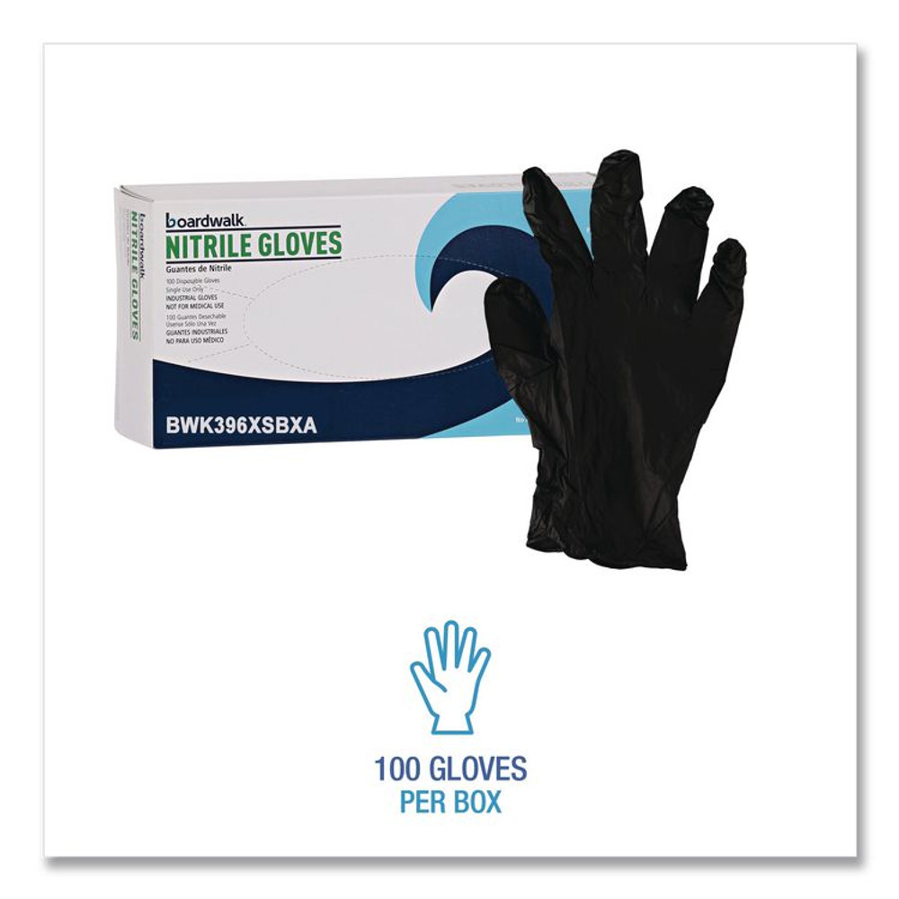 BOARDWALK 396XSCTA 396 Series Disposable General-Purpose Nitrile Gloves, Powder-Free, X-Small, 4.4 mil Thick, 9.5" Long, Black, 100/Box,10 BX/CT