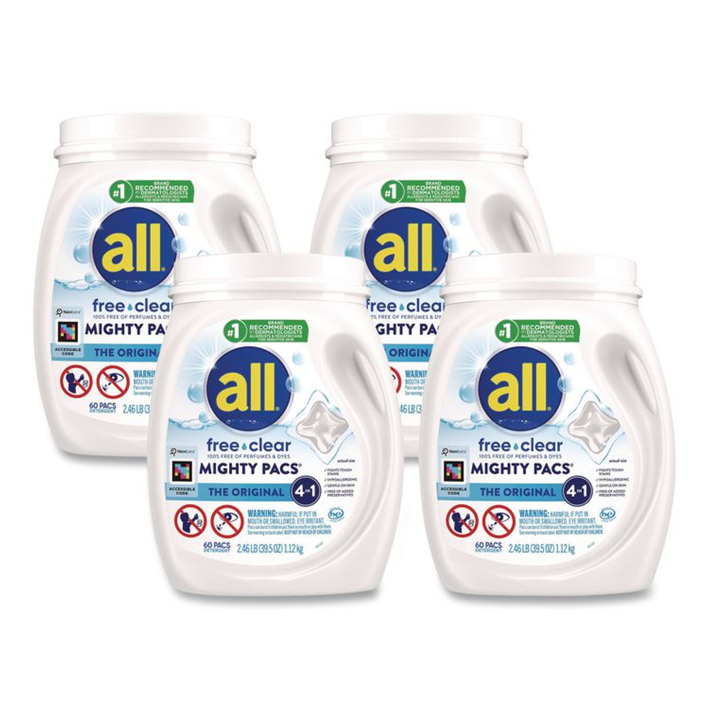 VEND-RITE MANUFACTURING CO all® 46880 MIGHTY PACS Free Clear HE Laundry Detergent, 60 Pods/Tub, 4 Tubs/Carton
