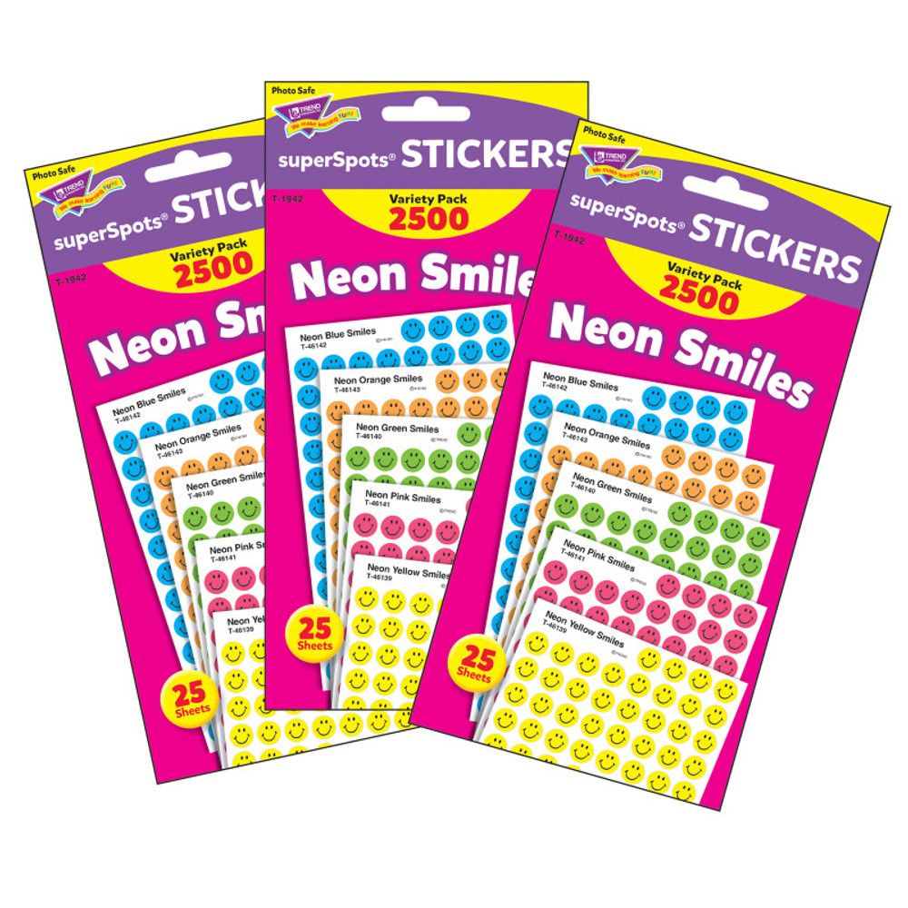 TREND ENTERPRISES INC. TREND Neon Smiles superSpots® Stickers Variety Pack, 2500 Per Pack, 3 Packs