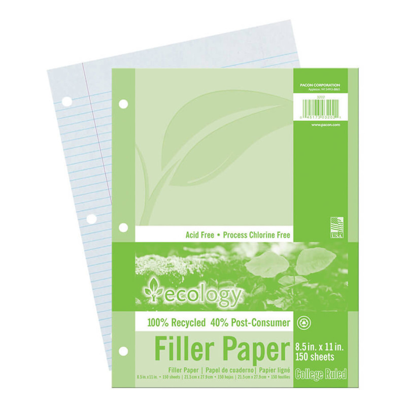DIXON TICONDEROGA CO Ecology® Recycled Filler Paper, White, 3-Hole Punched, 9/32" Ruled w/ Margin 8-1/2" x 11", 150 Sheets
