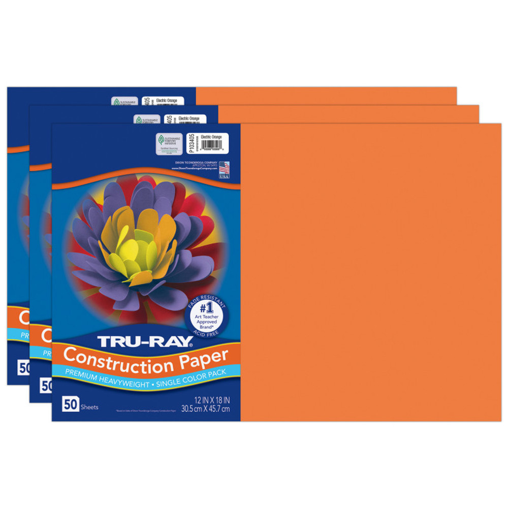 DIXON TICONDEROGA CO Tru-Ray® Construction Paper, Heavyweight, Electric Orange, 12" x 18", 50 Sheets Per Pack, 3 Packs