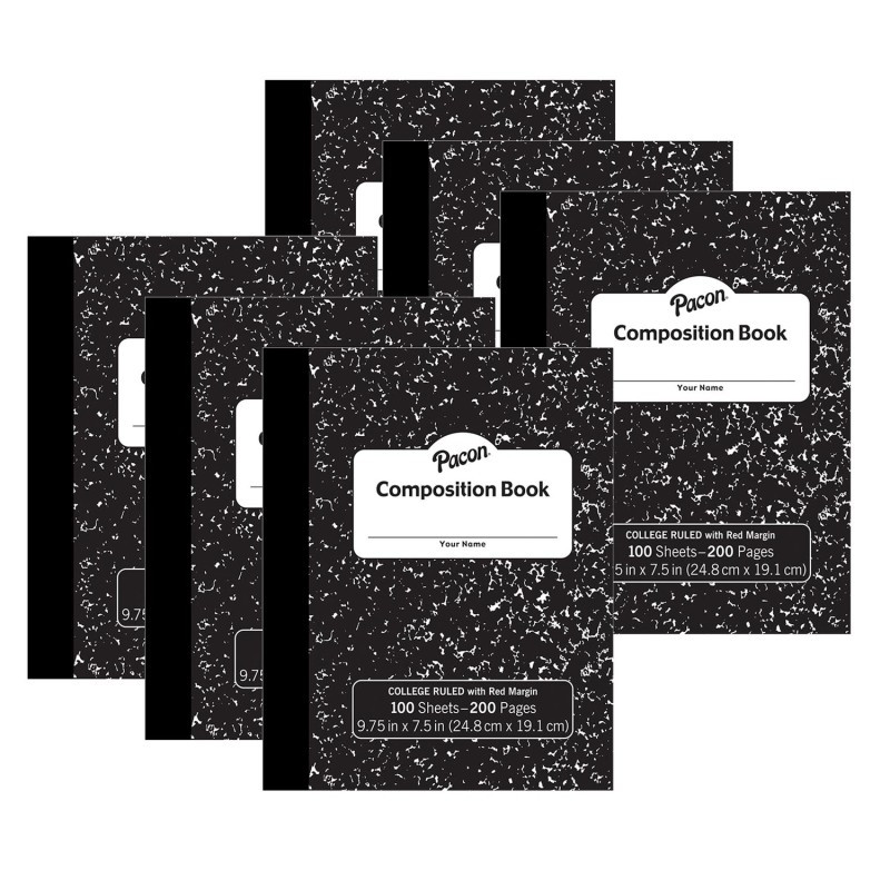 DIXON TICONDEROGA CO Pacon® Composition Book, Black Marble, 9/32" Ruled w/ Margin, 9-3/4" x 7-1/2", 100 Sheets, Pack of 6