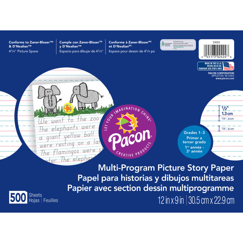 DIXON TICONDEROGA CO Pacon® Multi-Program Picture Story Paper, 1/2" Ruled, White, 12" x 9", 500 Sheets