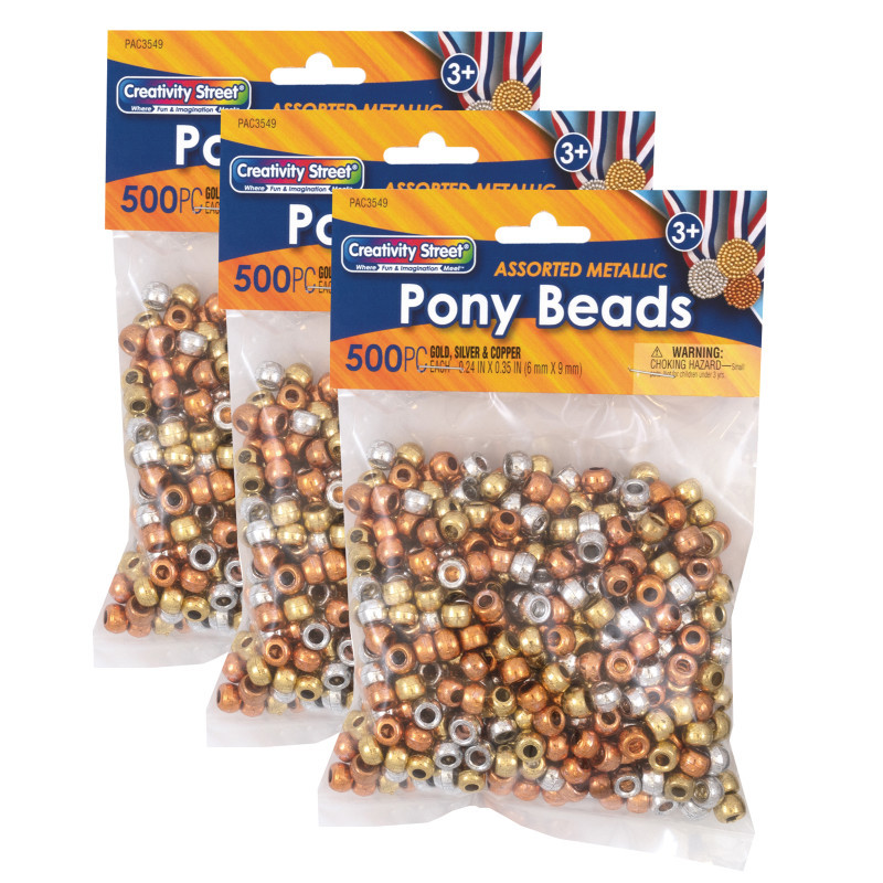 DIXON TICONDEROGA CO Creativity Street® Pony Beads, Gold, Silver & Copper, 6 mm x 9 mm, 500 Per Pack, 3 Packs