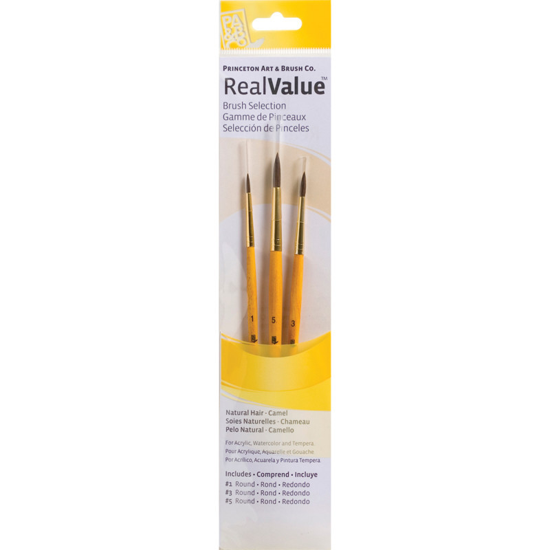 DIXON FINE ART Princeton RealValue Round Brush Set, Camel Bristles, Short Handle Mixed Media Paintbrush, Yellow, 3 Pieces