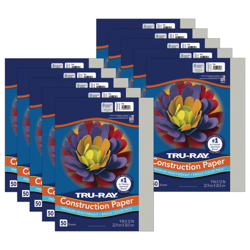 DIXON TICONDEROGA CO Tru-Ray® Construction Paper, Heavyweight, Gray, 9" x 12", 50 Sheets Per Pack, 10 Packs