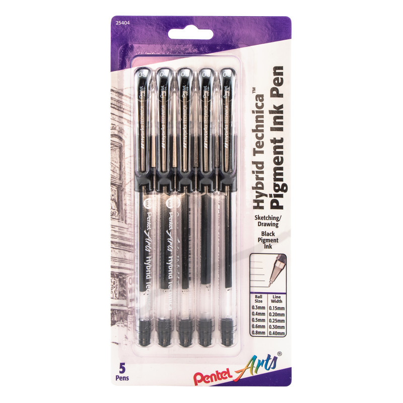 PENTEL OF AMERICA Pentel Arts Hybrid Technica Gel Pen, Assorted Tip Sizes (0.3, 0.4, 0.5, 0.6, 0.8), Black Ink, 5-Pack