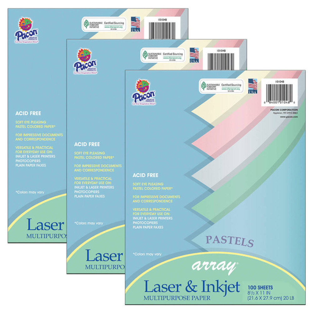 DIXON TICONDEROGA CO Pacon® Pastel Multipurpose Paper Array, 8-1/2" x 11", 100 Sheets Per Pack, 3 Packs