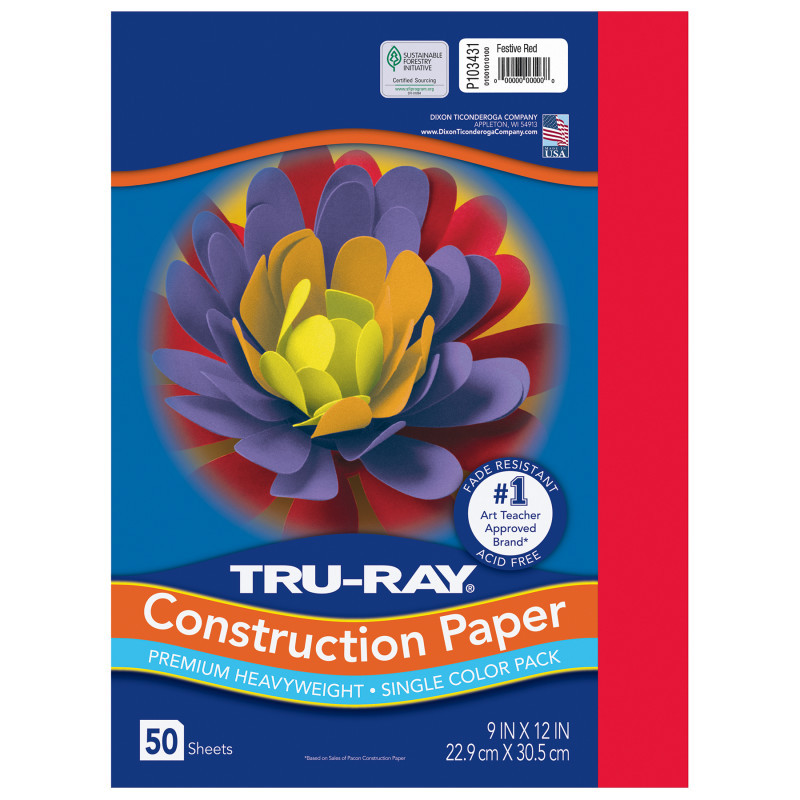 DIXON TICONDEROGA CO Tru-Ray® Construction Paper, Heavyweight, Red, 9" x 12", 50 Sheets