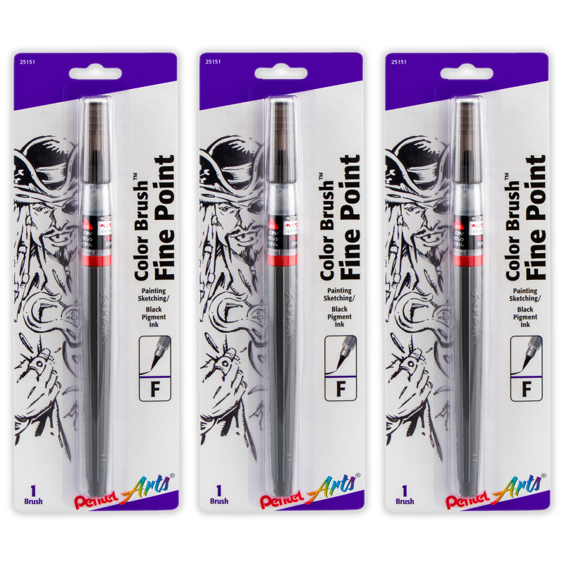 PENTEL OF AMERICA Pentel Arts Color Brush with Pigment Ink, Fine Tip, Black, Pack of 3