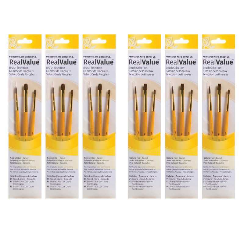 DIXON FINE ART Princeton RealValue Brush Set, Camel Bristles, Short Handle Mixed Media Paintbrush, Brown, 3 Per Set, 6 Sets
