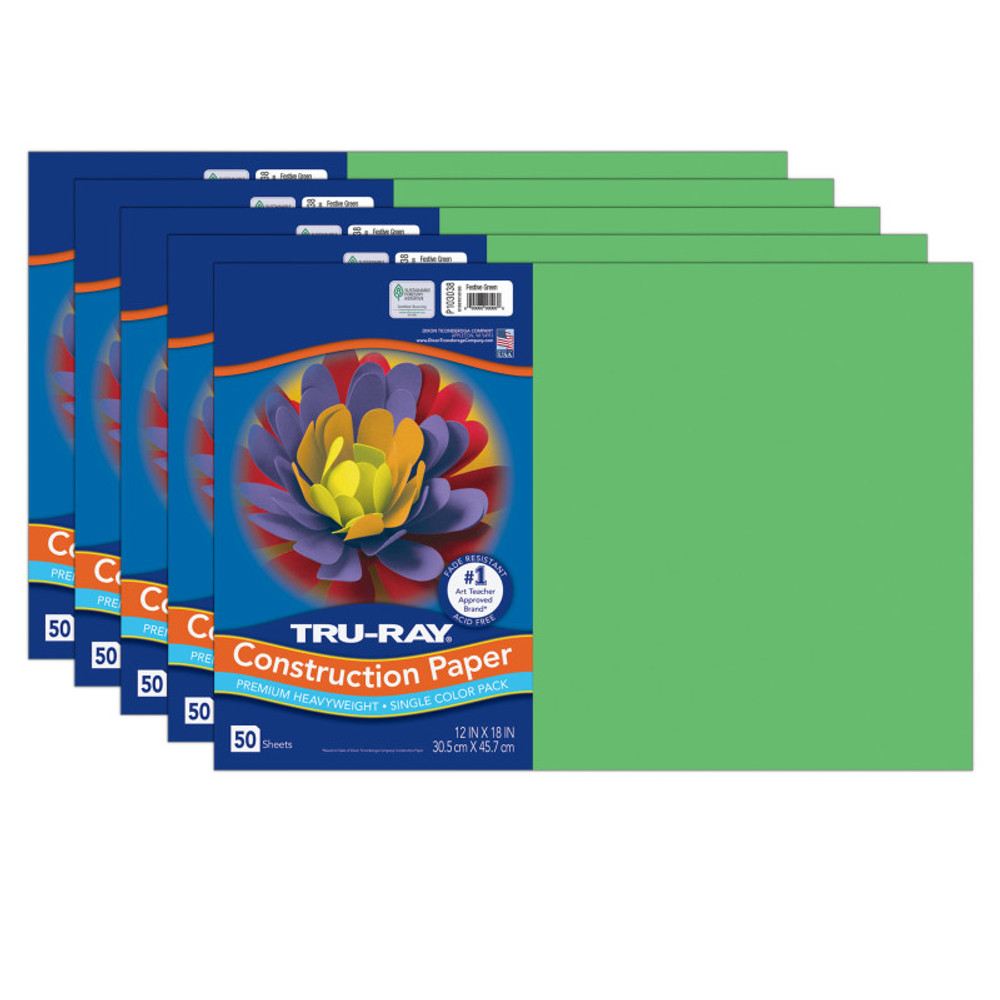 DIXON TICONDEROGA CO Tru-Ray® Construction Paper, Heavyweight, Festive Green, 12" x 18", 50 Sheets Per Pack, 5 Packs