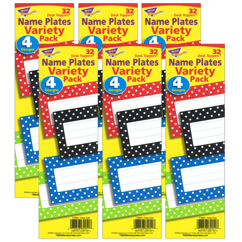 TREND ENTERPRISES INC. TREND Polka Dots Desk Toppers® Name Plates Variety Pack, 32 Per Pack, 6 Packs