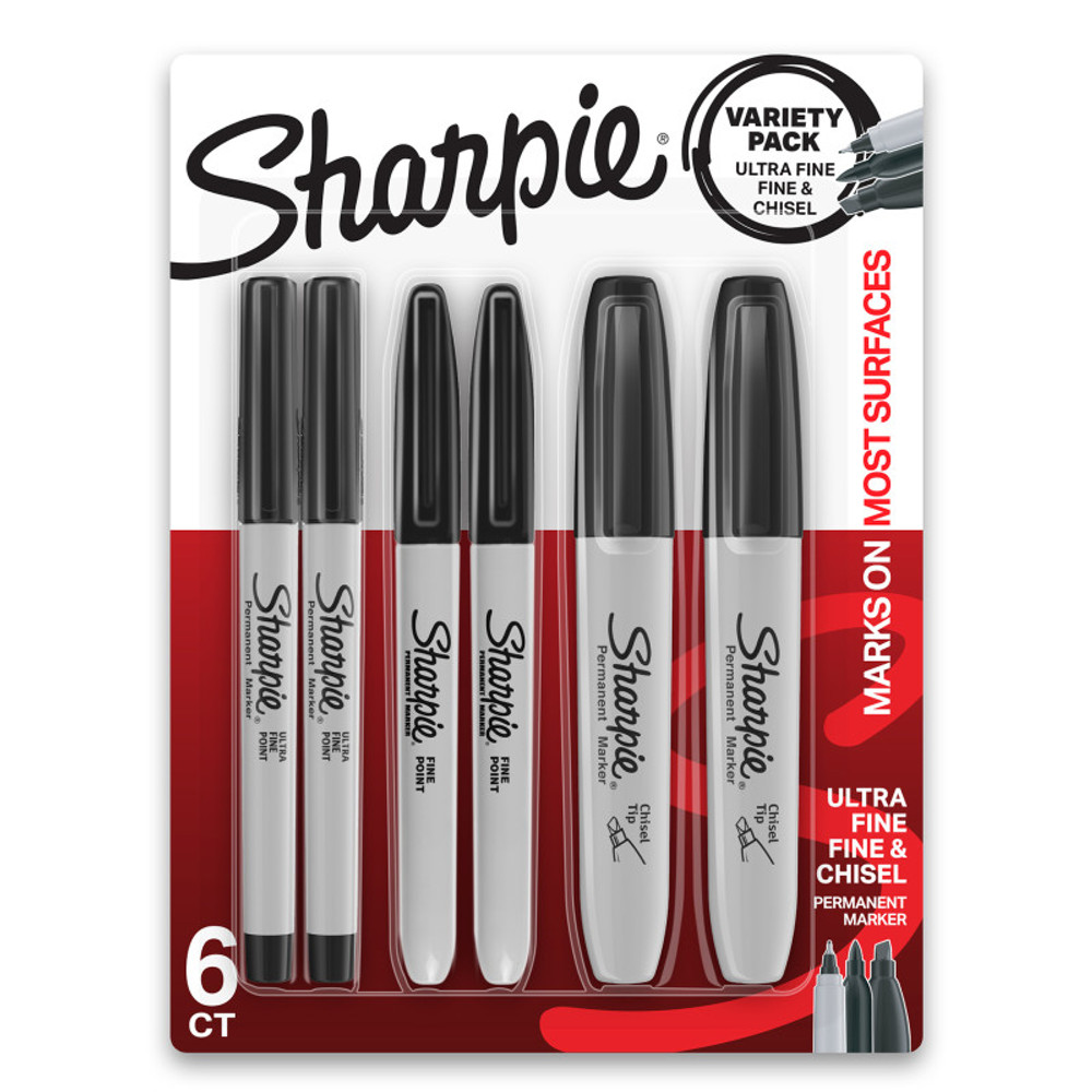 NEWELL BRANDS DISTRIBUTION LLC Sharpie® Permanent Markers Variety Pack, Fine, Ultra-Fine, & Chisel-Point Markers, Black, 6 Count