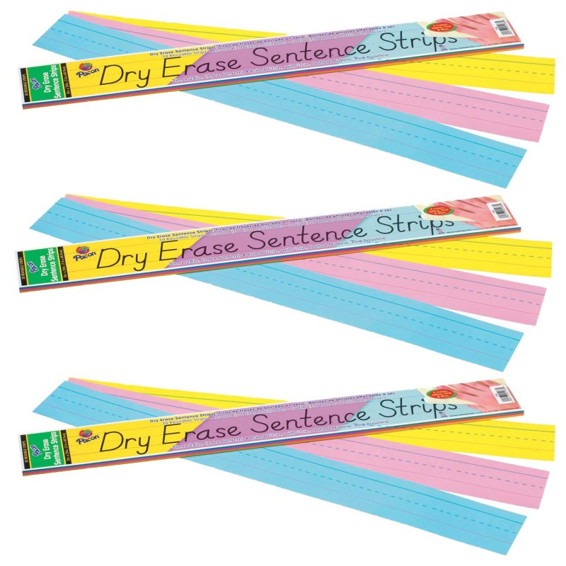 DIXON TICONDEROGA CO Pacon® Dry Erase Sentence Strips, 3 Assorted Colors, 1-1/2" X 3/4" Ruled, 3" x 24", 30 Per Pack, 3 Packs
