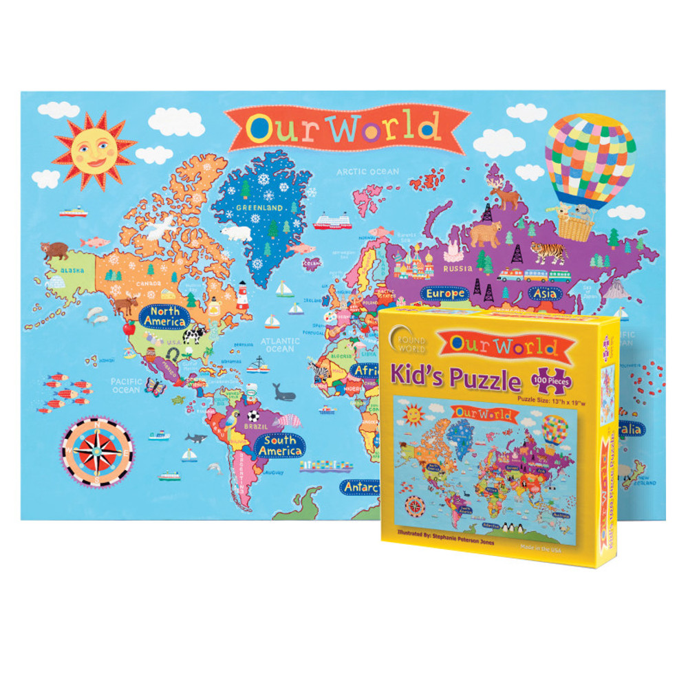 WAYPOINT GEOGRAPHIC Round World Products Kid's Jigsaw Puzzle, World, 13" x 19", 100 Pieces