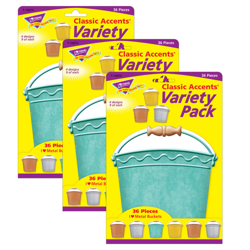 TREND ENTERPRISES INC. TREND I ♥ Metal Buckets Classic Accents® Variety Pack, 36 Per Pack, 3 Packs