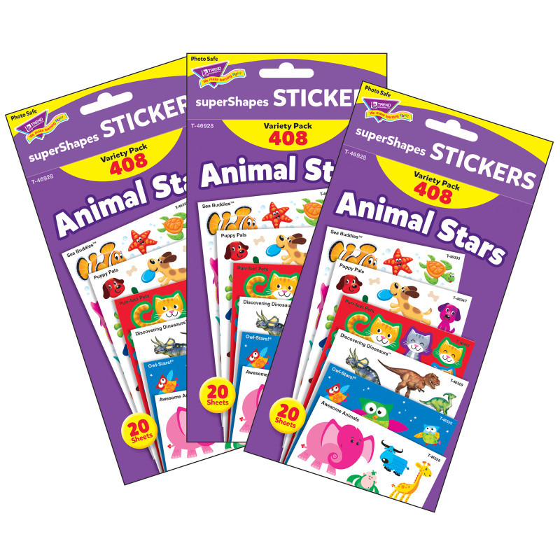 TREND ENTERPRISES INC. TREND Animal Stars superShapes Stickers-Large Variety Pack, 408 Per Pack, 3 Packs