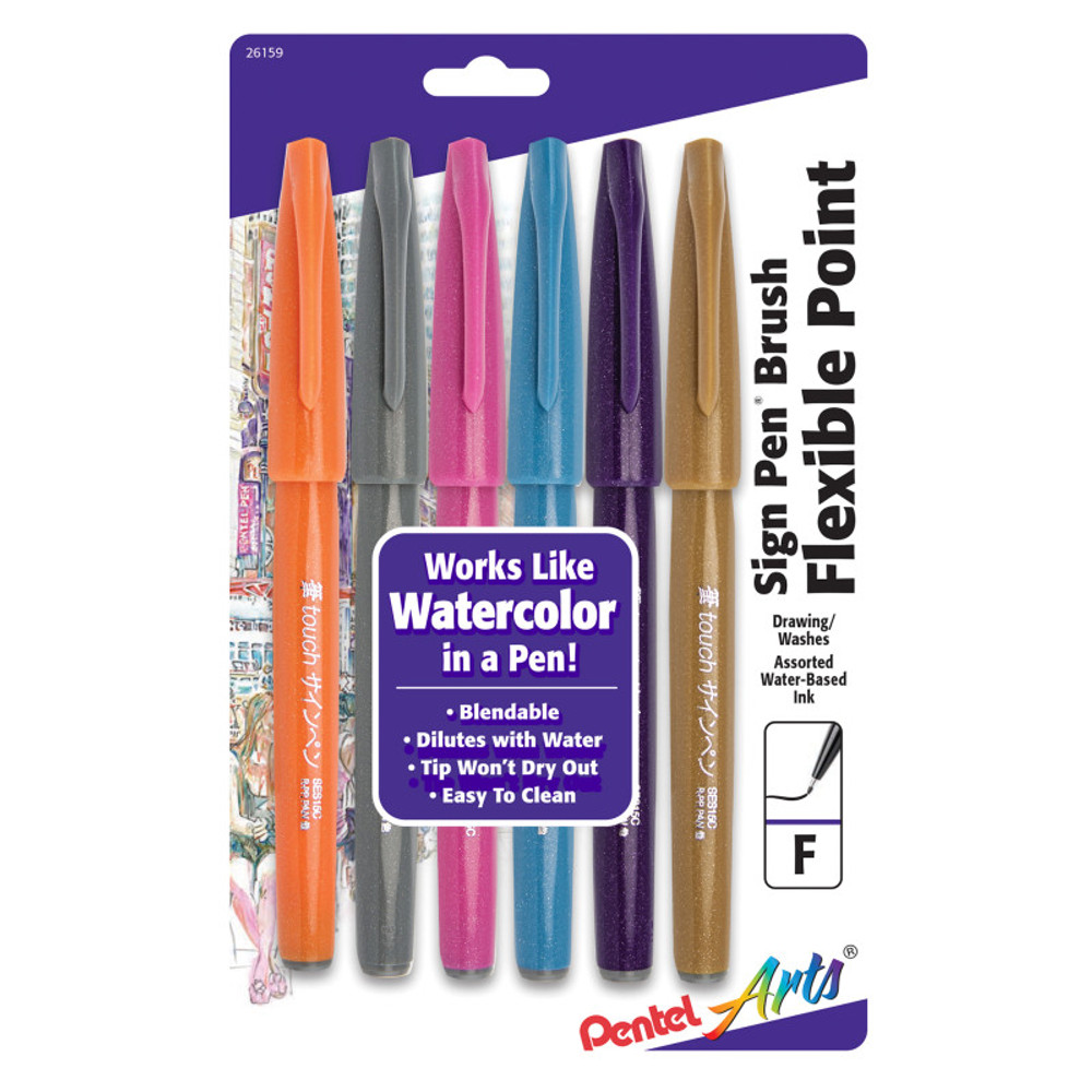 PENTEL OF AMERICA Pentel Arts Sign Pen Brush Tip, Assorted Colors, 6-Pack, Fashion Colors