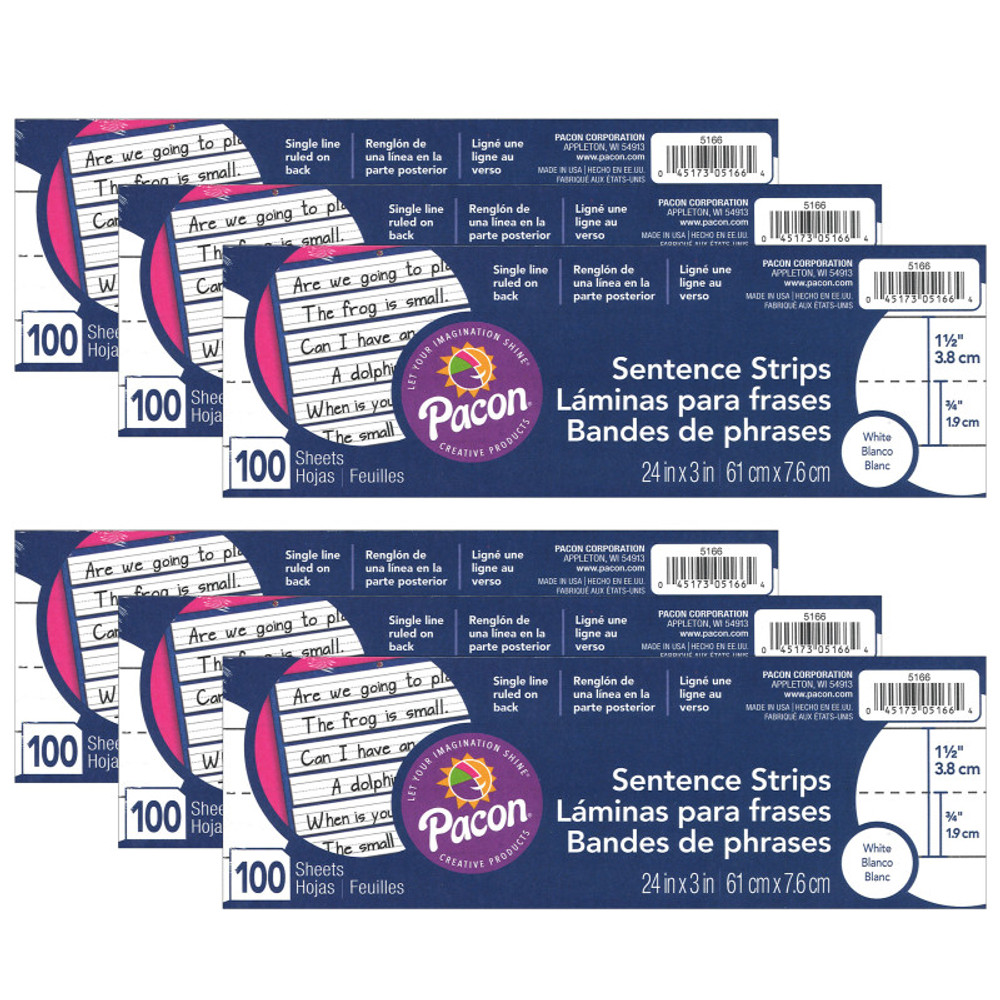 DIXON TICONDEROGA CO Pacon® Sentence Strips, White, 1-1/2" Ruled, 3" x 24", 100 Strips Per Pack, 6 Packs