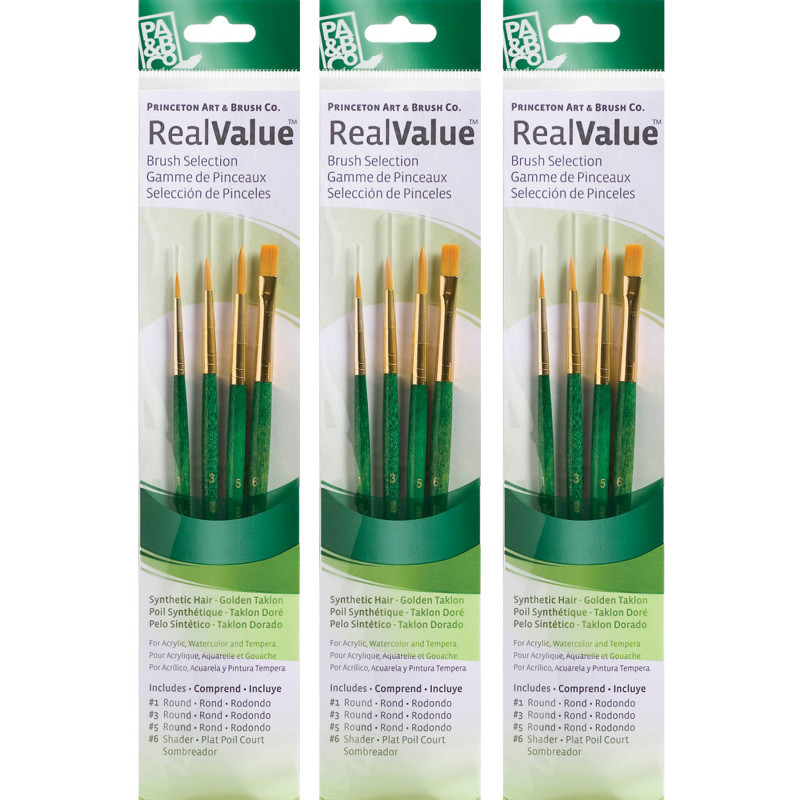 DIXON FINE ART Princeton RealValue Brush Set, Gold Taklon Bristles, Short Handle Mixed Media Paintbrush, Brown, 4 Per Set, 3 Sets