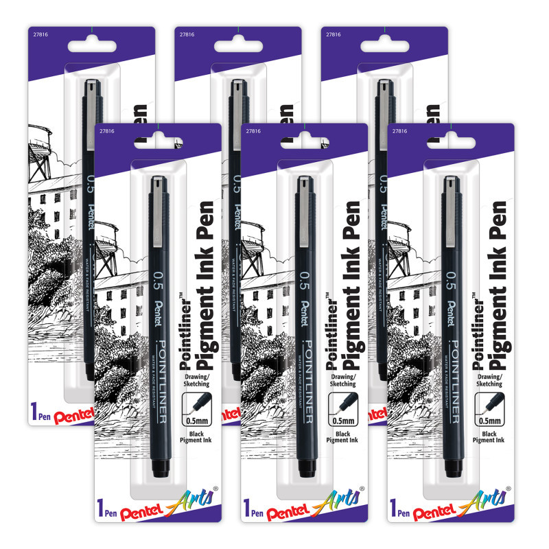 PENTEL OF AMERICA Pentel Arts Pointliner Pen, 0.5mm, Black Pigment Ink, Pack of 6