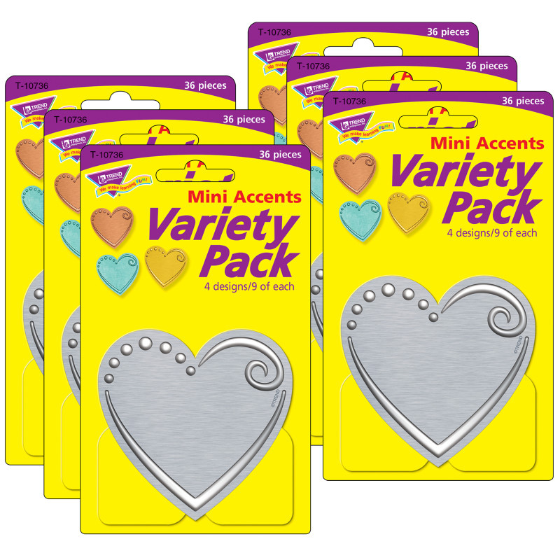 TREND ENTERPRISES INC. TREND I ♥ Metal™ Hearts Mini Accents Variety Pack, 36 Per Pack, 6 Packs
