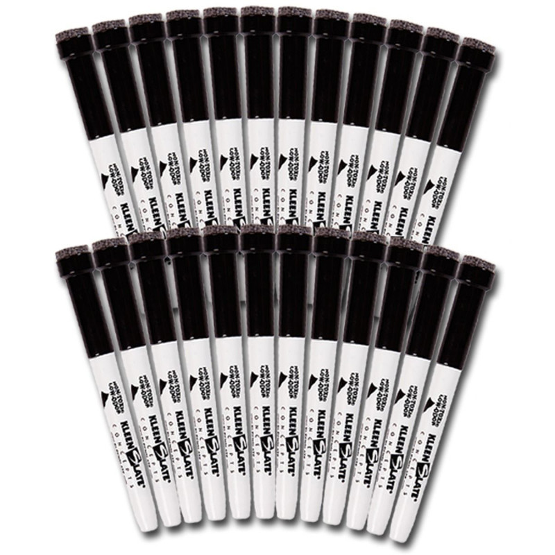 KLEENSLATE CONCEPTS LP KleenSlate® Dry Erase Student Markers with Erasers, Fine Point, Black, Pack of 24