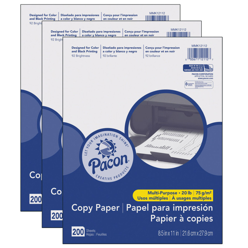 DIXON TICONDEROGA CO Pacon® Multi-Purpose Paper, White, 20 lb., 8-1/2" x 11", 200 Sheets Per Pack, 3 Packs