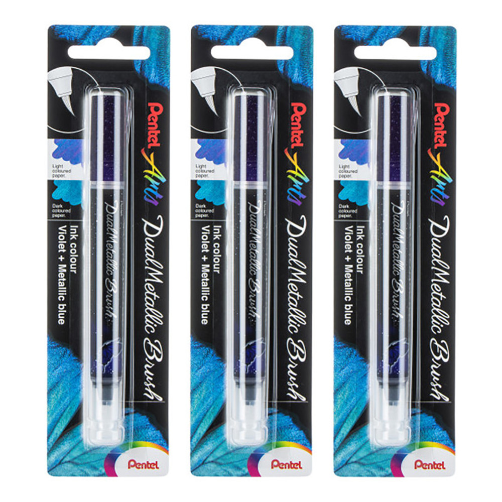 PENTEL OF AMERICA Pentel Arts DualMetallic Brush, Violet/Metallic Blue Ink, Pack of 3