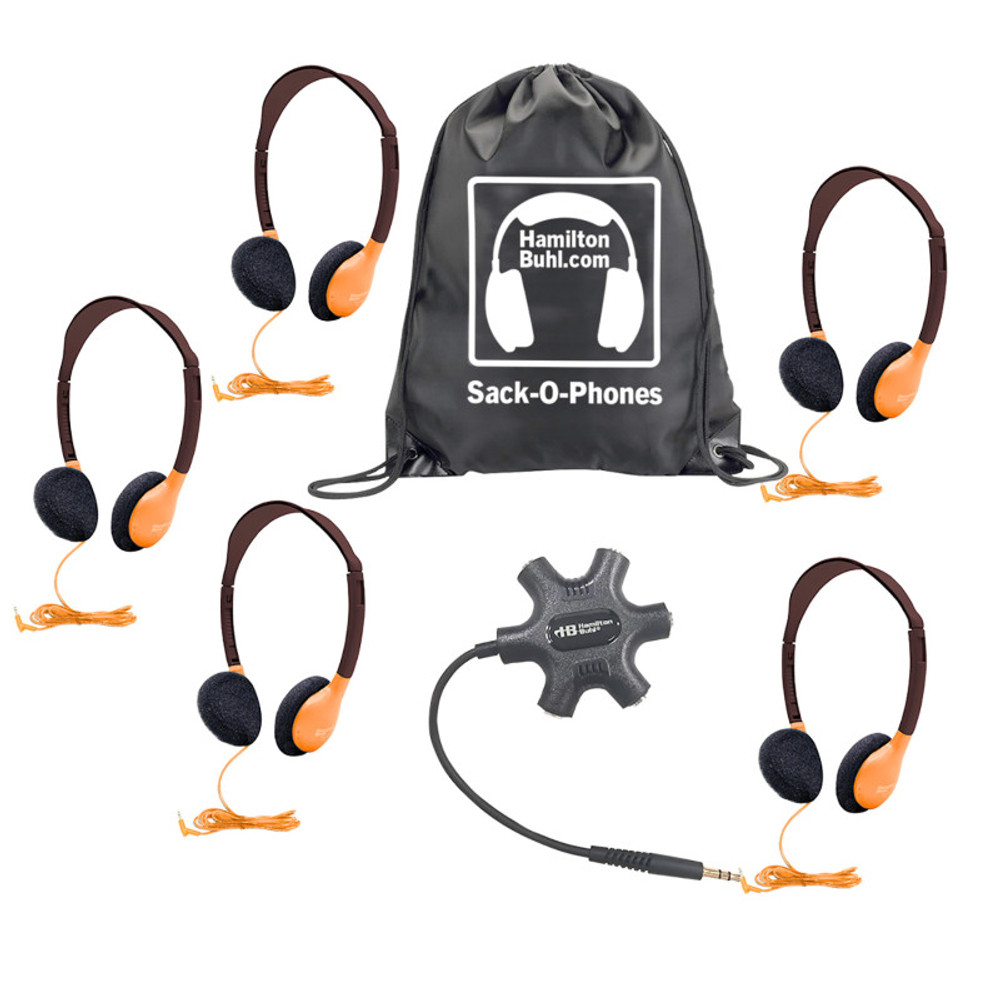 HAMILTON ELECTRONICS VCOM HamiltonBuhl® Galaxy™ Econo-Line of Sack-O-Phones with 5 Orange Personal-Sized Headphones, Starfish Jackbox and Carry Bag