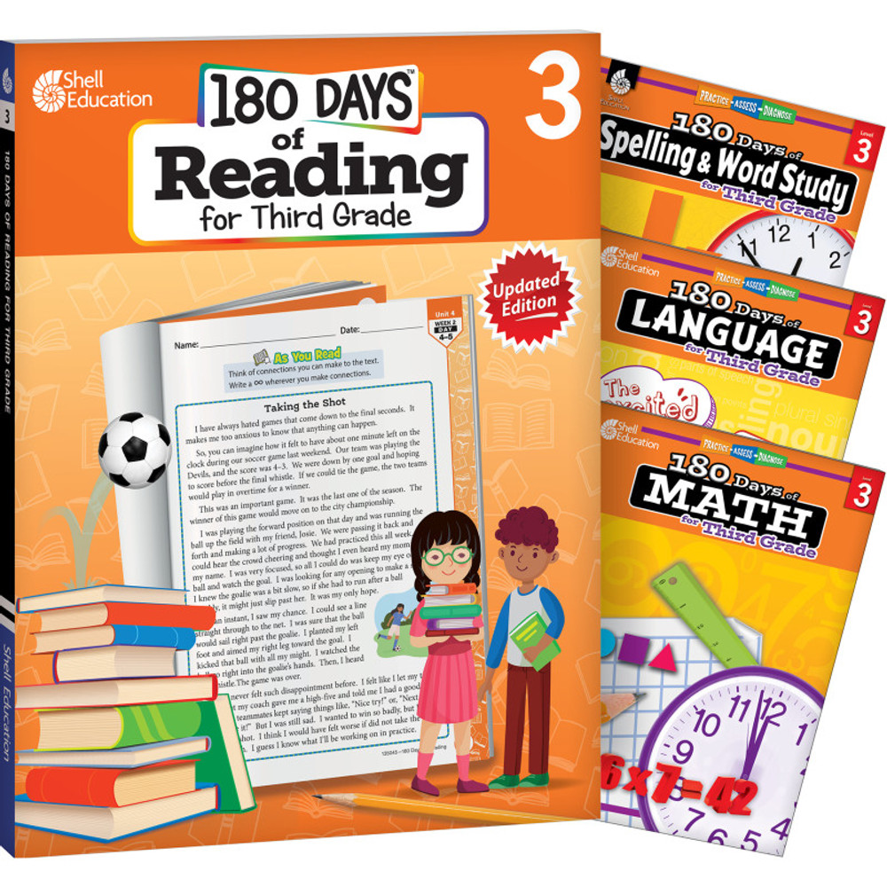 SHELL EDUCATION Shell Education 180 Days Reading, Spelling, Language, & Math Grade 3: 4-Book Set